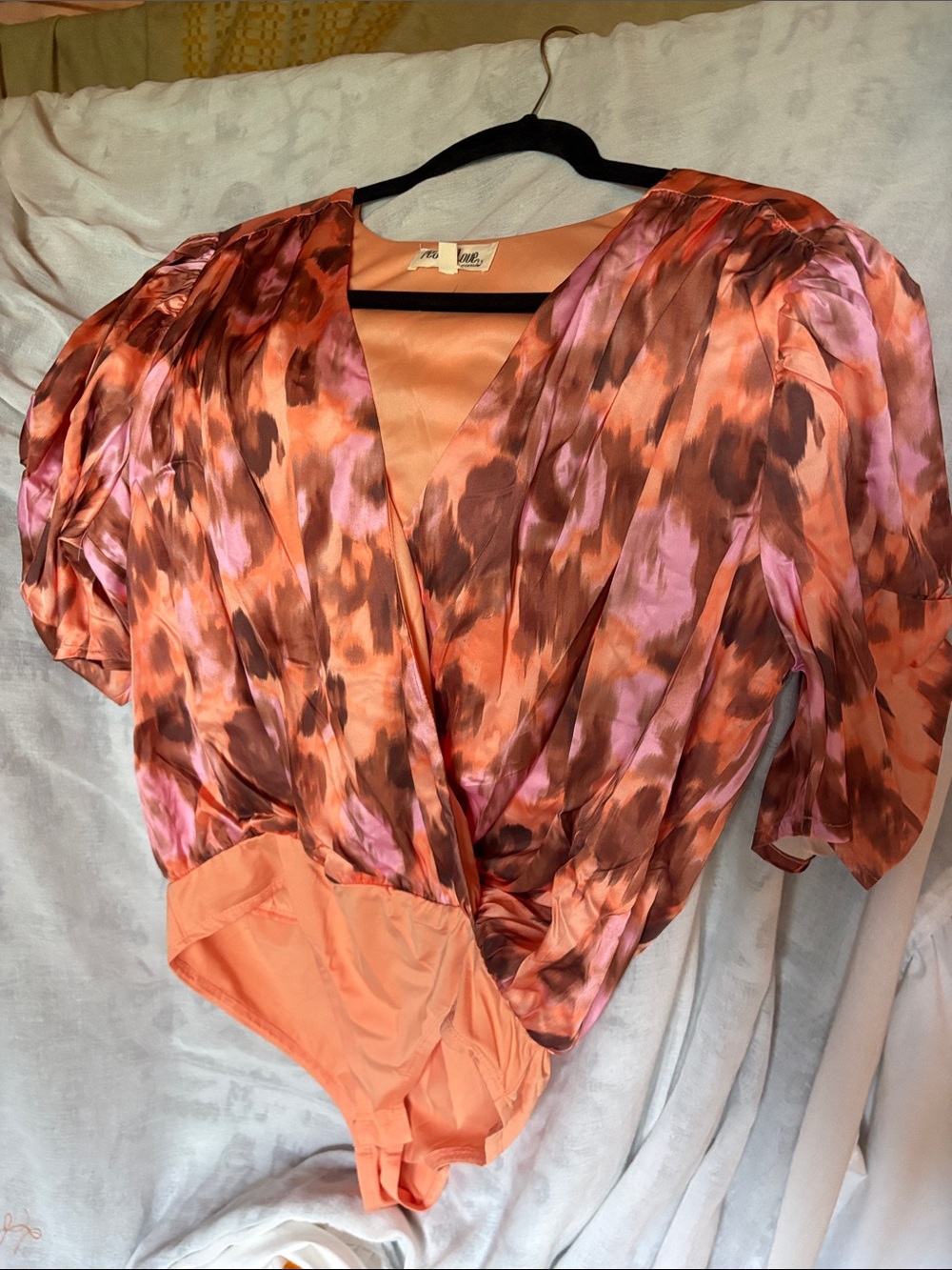 Peach Love California Orange & Pink Printed Satin Wrap Bodysuit